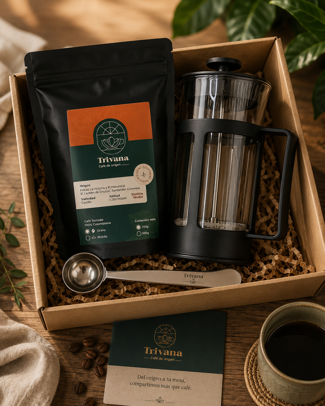 Caja de regalo Trivana con prensa francesa y café de origen