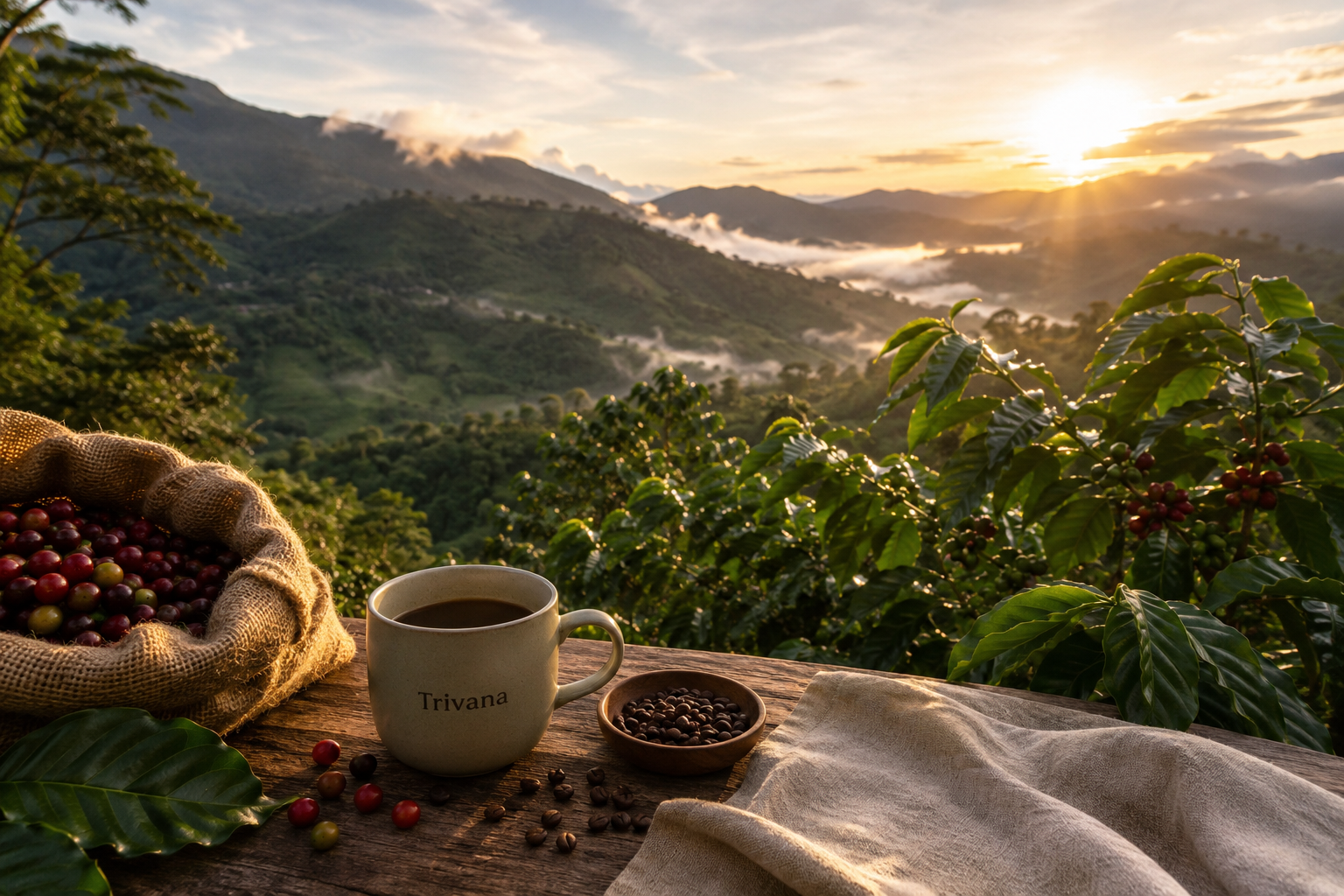 Amanecer sobre las montañas de café en El Carmen de Chucurí, Santander