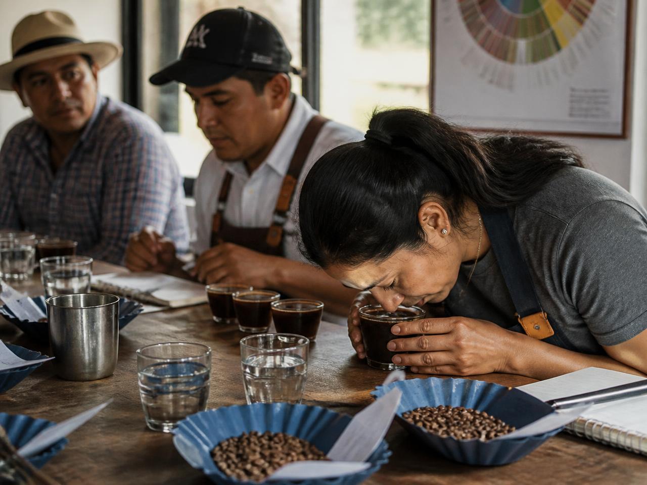 Cata de café guiada con tazas y granos sobre mesa de madera