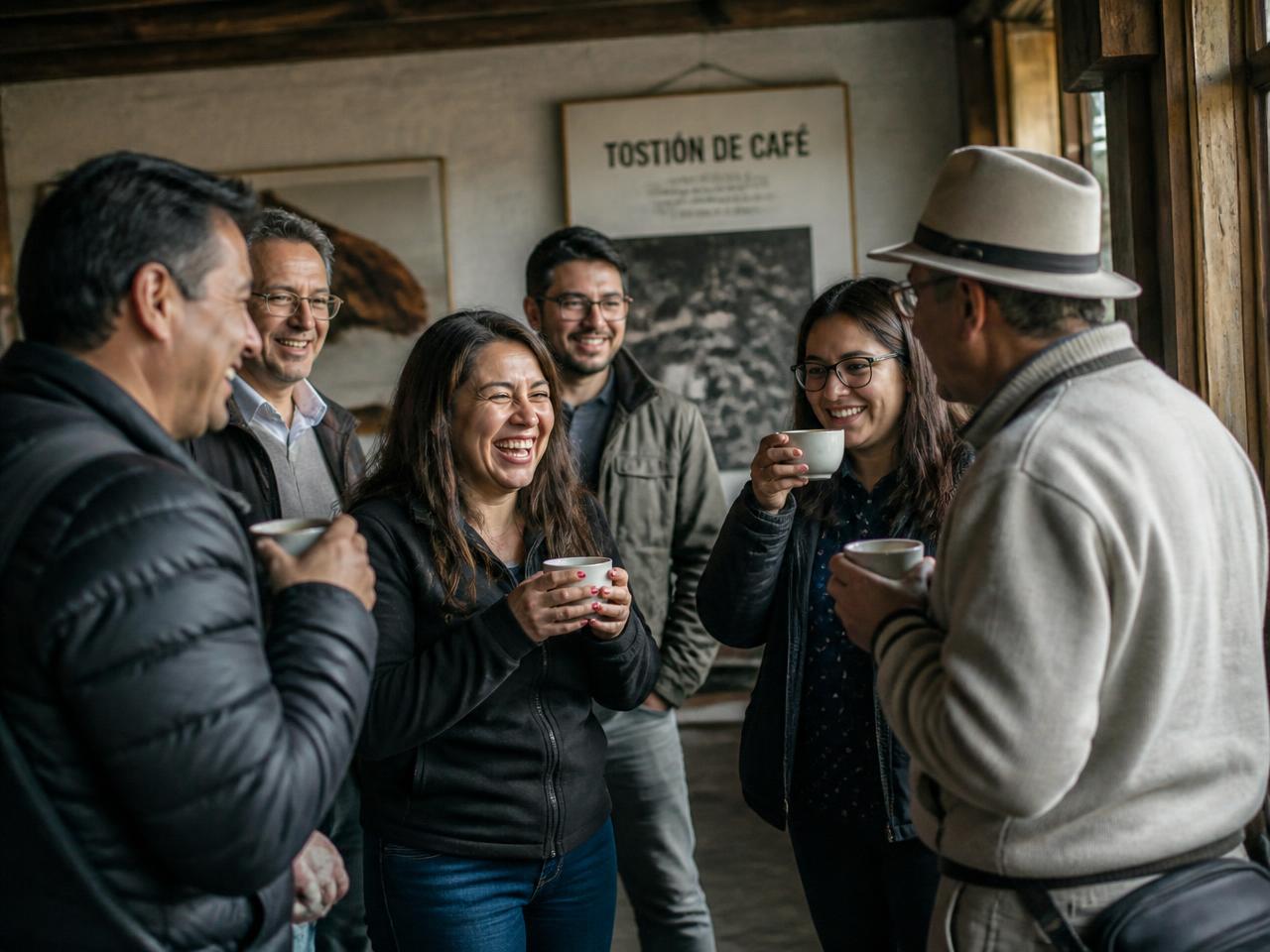 Grupo compartiendo una experiencia de café en un espacio cálido